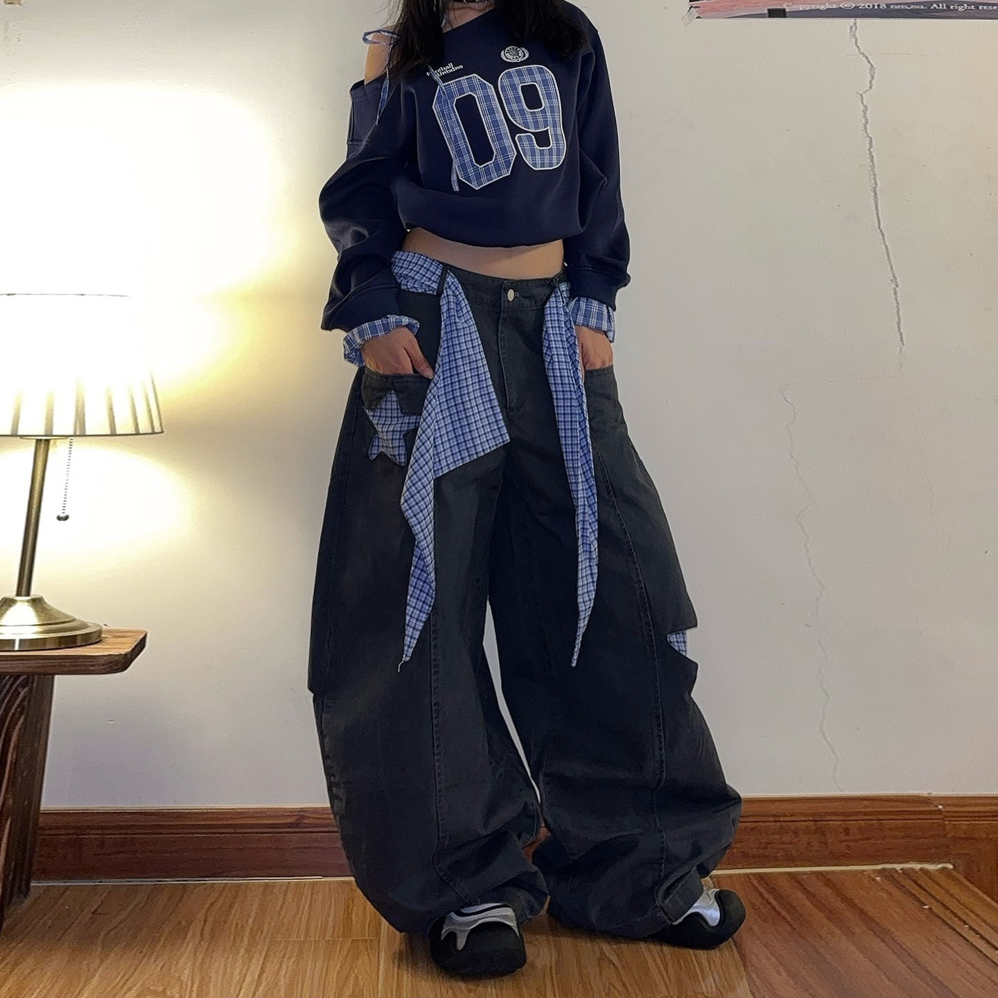 DoubleD美式复古屁帘叠穿格子星星拼接弯刀裤男女爵士舞阔腿长裤 - 图3