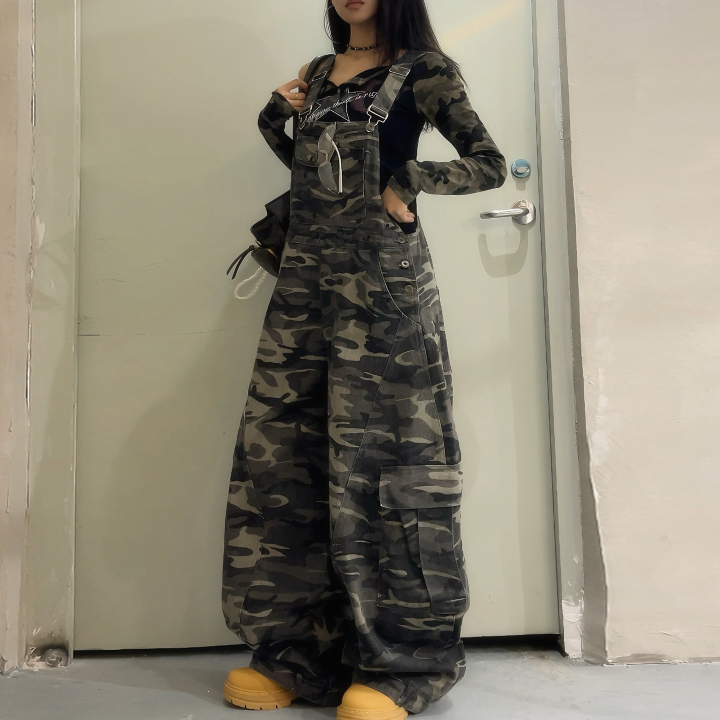 DoubleD美式复古多口袋迷彩工装背带裤男女宽松阔腿弯刀休闲裤潮,淘宝优惠券,粉丝福利购,淘宝优惠卷