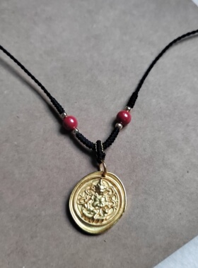 铜镀沙金色财神吊坠神兽图腾平安圆吊牌项链八宝罗盘镂空福字古法