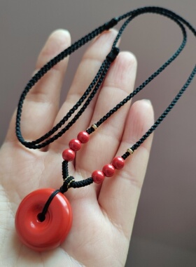 手工编织绳挂脖项链绳子朱砂福锁平安扣项链女款碧玺项链黄金项链