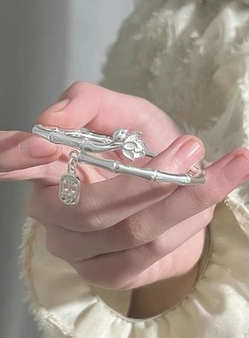 竹节平安银手镯女纯银9999足银实心镯子年轻款送女友老婆生日礼物