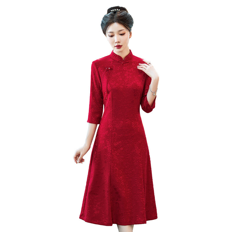 旗袍敬酒服喜婆婆婚宴装2024新款丈母娘结婚礼服妈妈长袖A摆提花