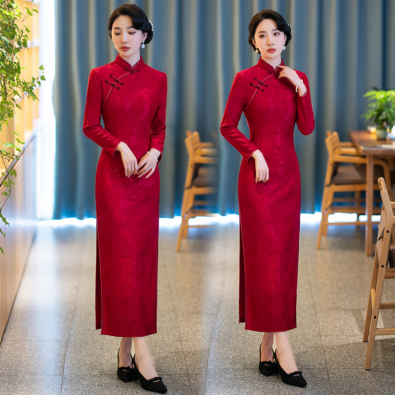 高端长款旗袍秋冬新款女复古中国风喜婆婆婚宴礼服气质优雅连衣裙