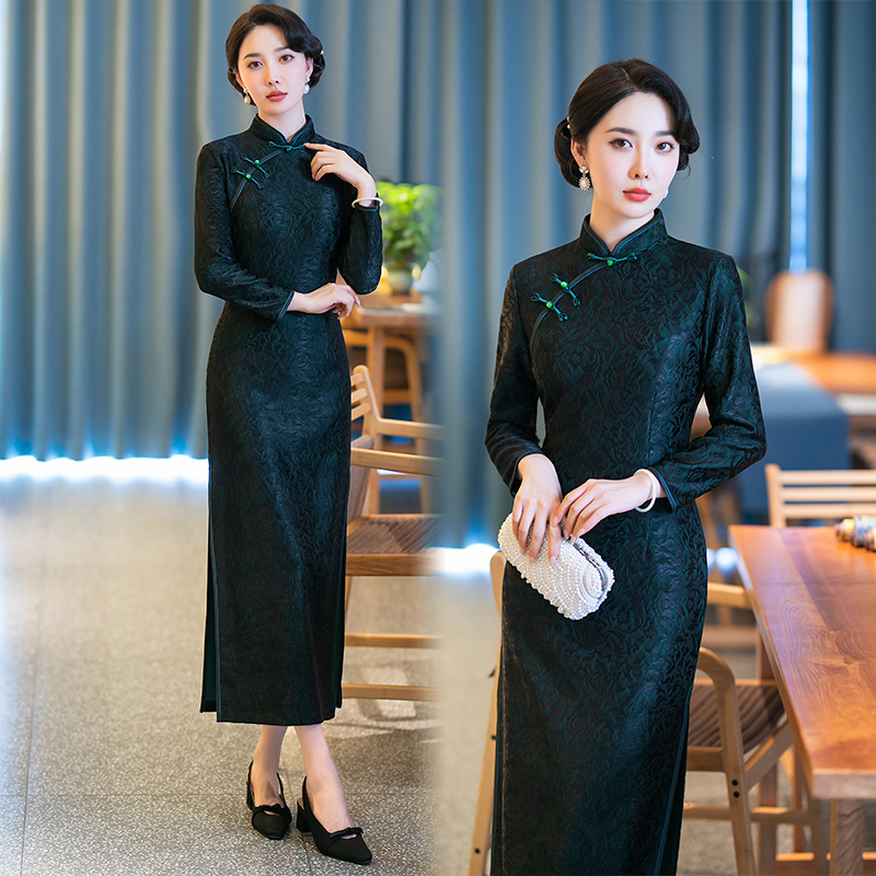高端长款旗袍秋冬新款女复古中国风喜婆婆婚宴礼服气质优雅连衣裙