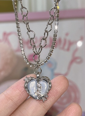 重工辣妹分裂爱心项链锆石双层链