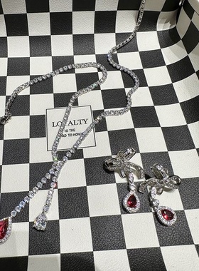 复古风巴洛克红钻蝴蝶结水滴耳环项链套装气质百搭红宝石法式秋冬