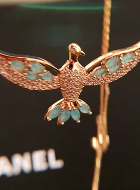 波希米亚风鸟项链吊坠复古民族风镶钻3D立体彩色锆石天使翅膀项链