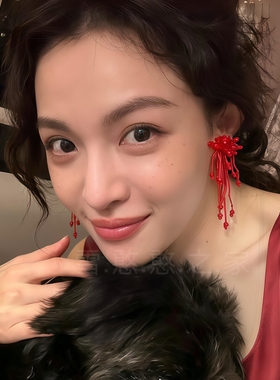 旅游度假红色串珠耳环耳饰耳钉耳夹耳坠2026秋冬新款女过年饰品潮