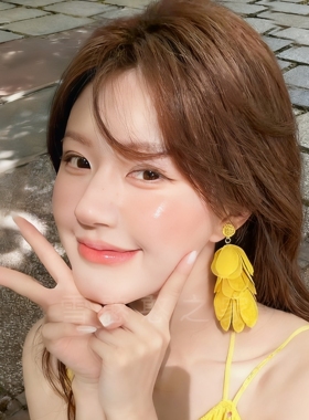 旅游度假黄色花瓣流苏耳环耳饰耳钉耳夹无耳洞2025春夏新款女饰品