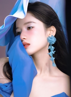 张婧仪同款旅游度假蓝色花朵流苏耳环耳饰耳钉耳坠耳夹2025春夏新