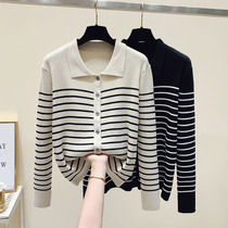 Big Code Womens Dress 2023 Spring Autumn New Fat Mm Knit Sweatshirt Womens Striped Blouse Undershirt Hitch Polo Collar Sweater