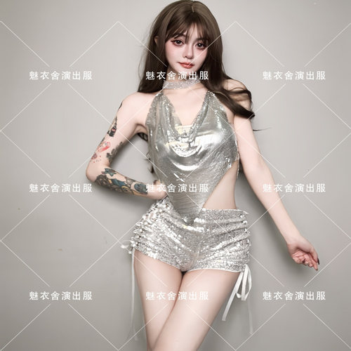夜店女团酒吧DS演出服新款DJ领舞台chic性感辣妹银色亮片时尚套装 - 图1