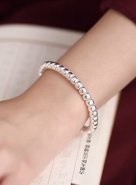 足银9999纯银盘缠手链女士款时尚国风龙年碎银几两亮面银珠手串