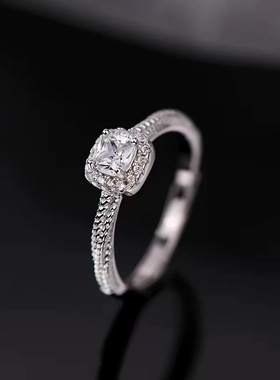 990足银小方糖戒指女纯银锆石开口可调节指环食指素圈小众设计