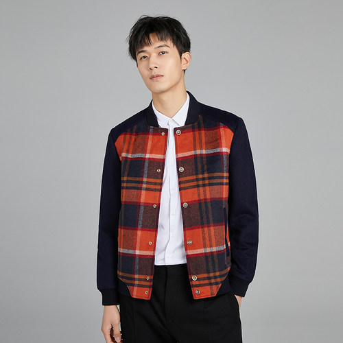 直播福利！撤柜款！大牌撤标男士棒球领修身格子休闲毛呢夹克外套 - 图0