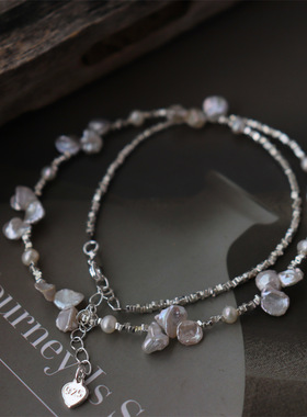 设计新款 不规则碎银子轻奢小众法式巴洛克花瓣珍珠项链锁骨颈链