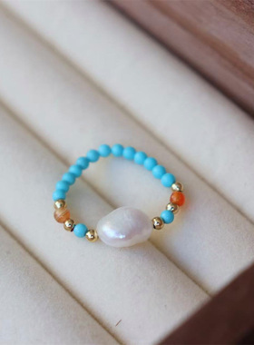 新中式复古撞色文艺风轻奢绿松石玛瑙天然淡水珍珠弹力戒指批发