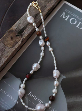 天然小众设计款优雅不规则淡水大巴洛克珍珠虎眼石项链手链套装女