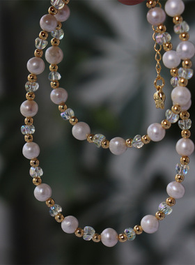 新款福利 简约糖果色施家水晶淡水珍珠项链轻奢感气质锁骨链女