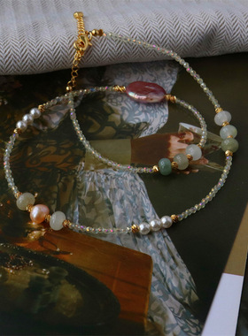 设计款油画风轻奢小清新精致气质夏日复古水晶淡水珍珠项链批发