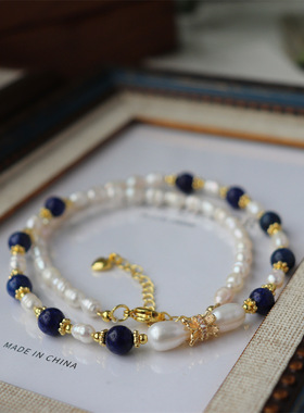 中古青金石串珠项链夏日新品时尚通勤流行经典复古个性珍珠锁骨链