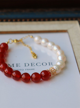 原创女士红玛瑙珍珠天然材质手链