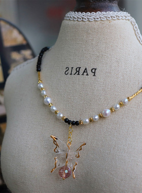 天然淡水珍珠项链女秋冬蝴蝶流苏吊坠黑尖晶轻奢气质串珠饰品女