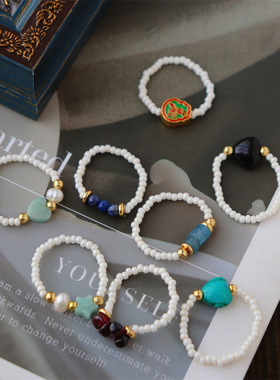 新中式复古弹力青金石戒指天河石星星淡水珍珠个性潮流批发女