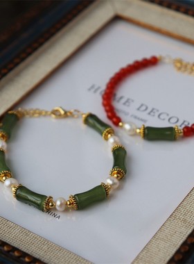 原创新款简约天然石玛瑙珍珠手串撞色敦煌风新中式海蓝宝水晶手链