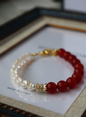 设计新款复古宫廷风红玛瑙天然淡水珍珠手链南红感轻奢手串女