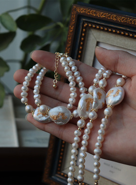 设计新中式汉服手工贴金箔天然炫彩巴洛克淡水珍珠手链和田玉手串