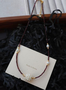 天然石榴石珍珠球项链串珠新中式小众设计轻奢配饰项链锁骨链女