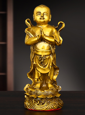 黄铜金童玉女摆件善财童子送财童年童女家居桌面装饰铜龙女佛像