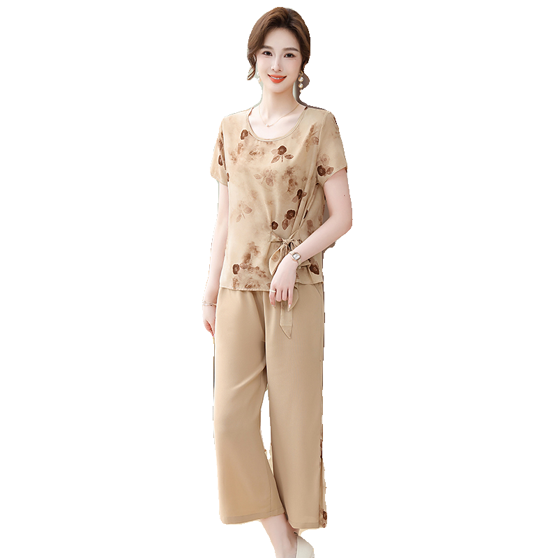 新款妈妈夏装套装洋气雪纺小衫女中老年遮肚子显瘦短袖上衣两件套,淘宝优惠券,粉丝福利购,淘宝优惠卷