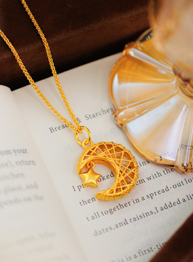 小众高级感周家同款越南沙金星月织梦锁骨链镂空星月吊坠送礼批发