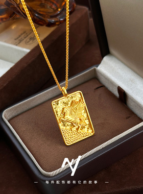 沙金cnc爆闪碎冰冰飞马方牌吊坠女项链 新中式马年马生肖项链送礼