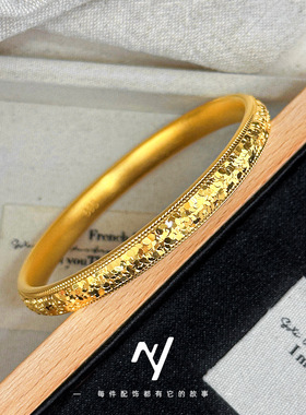 新款轻奢镀24K金爆闪碎冰手镯 沙金CNC素圈手环女 代发批发