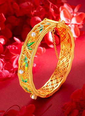 花丝工艺宫廷古法金珐琅竹节手镯 复古珐琅竹叶竹子珍珠手镯