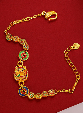 金版珐琅胖财神铜钱手链 越南沙金古韵古法烧蓝民族风女手链批发