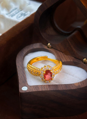 越南沙金轻奢高级感复古微镶红钻红金织梦古法金活口戒指女戒批发