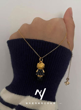 沙金可爱豹纹色KT猫吊坠项链轻小红书同款项链kt猫吊坠送女友礼物