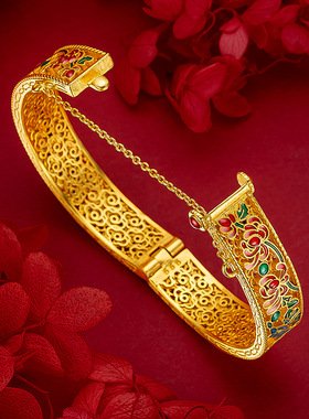 古法花丝镂空花鸟镀金手镯高级感珐琅烧蓝花鸟宫廷风花丝手镯批发