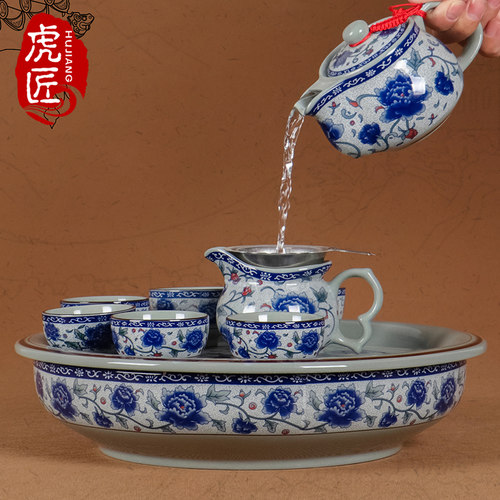 虎匠景德镇陶瓷茶具套装家用客厅潮汕功夫茶青花瓷圆茶盘茶壶瓷器 - 图0