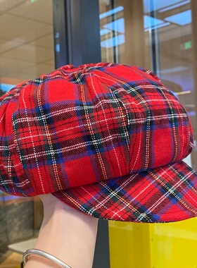 学院风红色格子贝雷帽女春夏季帽