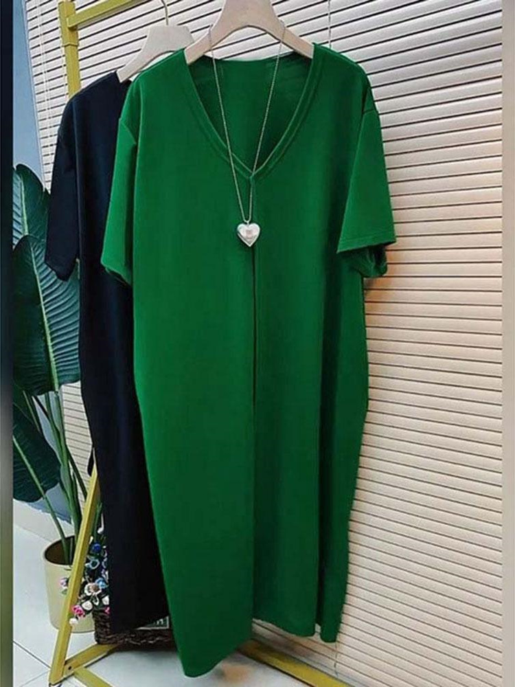夏季简约休闲风纯色V领长款胖妹妹300斤特大码短袖连衣裙女装ins,淘宝优惠券,粉丝福利购,淘宝优惠卷