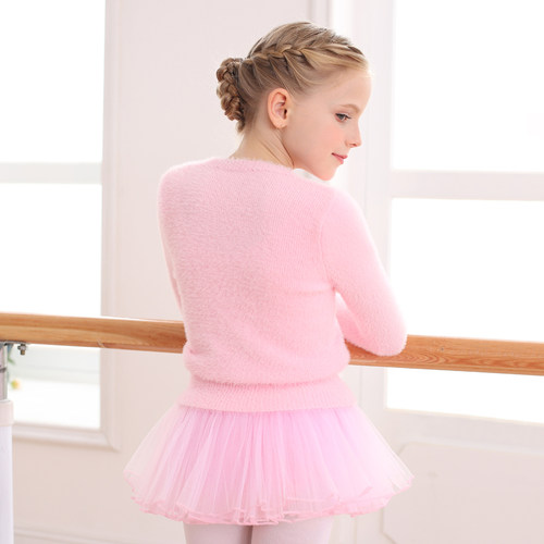 儿童舞蹈女童毛衣秋冬外套貂绒毛衣披肩女孩芭蕾舞练功服加绒保暖 - 图1