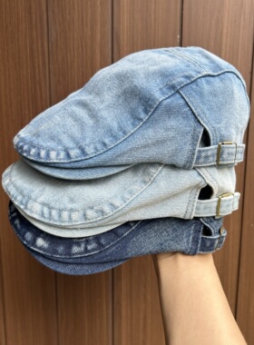 日系复古水洗牛仔前进帽子女宽檐显脸小英伦文艺反戴鸭舌贝雷帽男