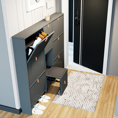 现代简约超薄鞋柜家用门口17cm轻奢大容量收纳翻斗玄关柜一体靠墙 虎窝淘