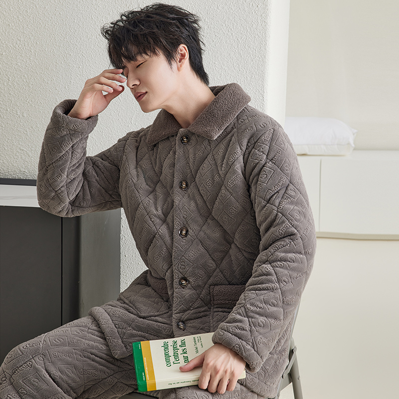 玛伦萨睡衣男秋冬季三层夹棉袄加厚加绒保暖大码家居服套装可外穿