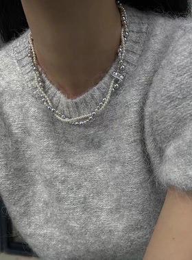 纯银珍珠项链双层缠绕叠戴设计感百搭S925银灰奶白色气质轻奢颈链